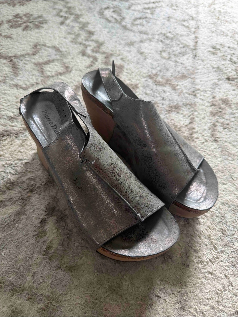 Pierre Dumas Metallic Silver Peep-Toe Wedge Sandals
